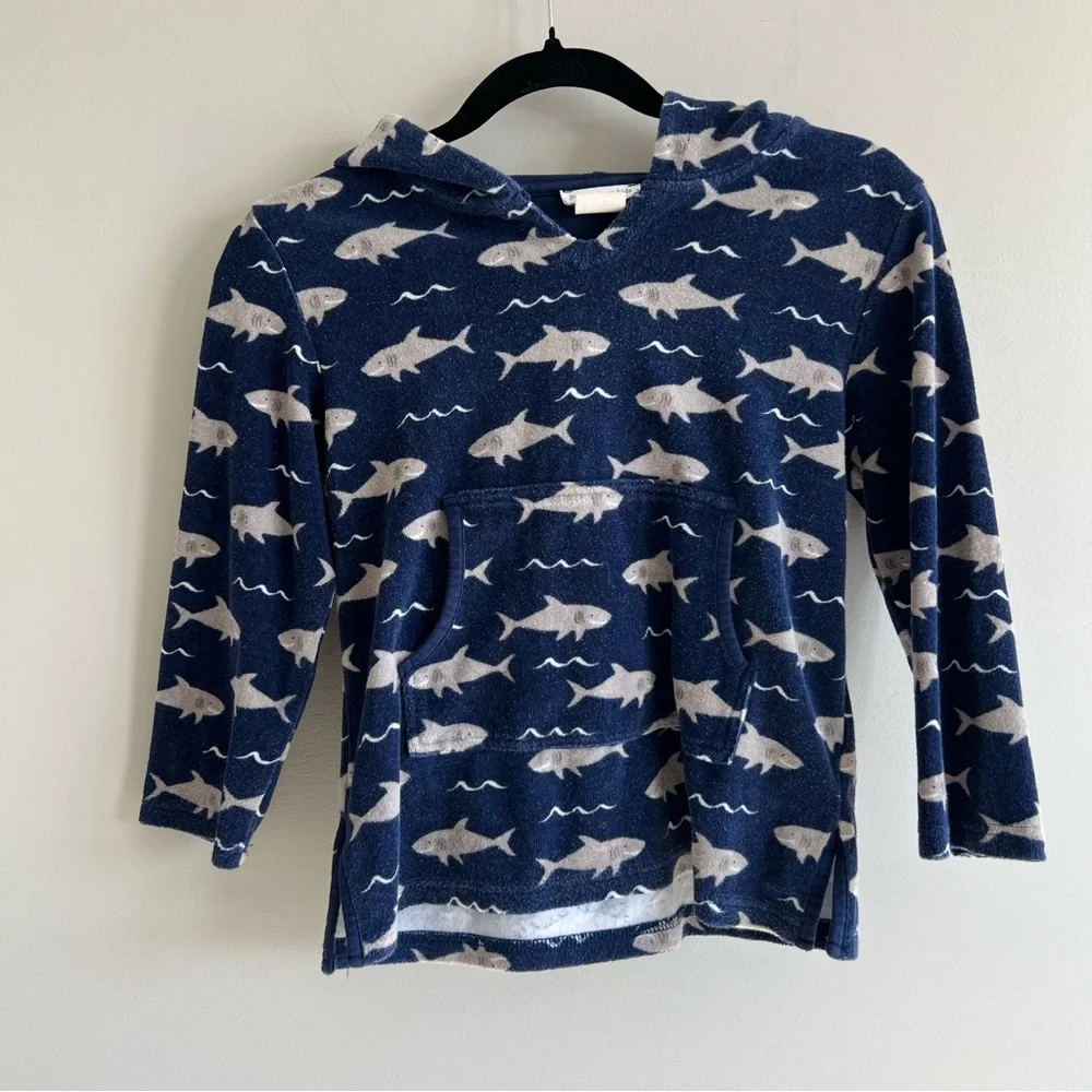 Pottery Barn Kids Boys Size 4/6 Blue Terry Cloth Shark Print Hooded Swim Cover